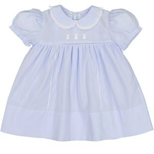 NWT - Feltman Brothers Baby Girl Dress - Blue with Embroidered Bunny Details, 9M